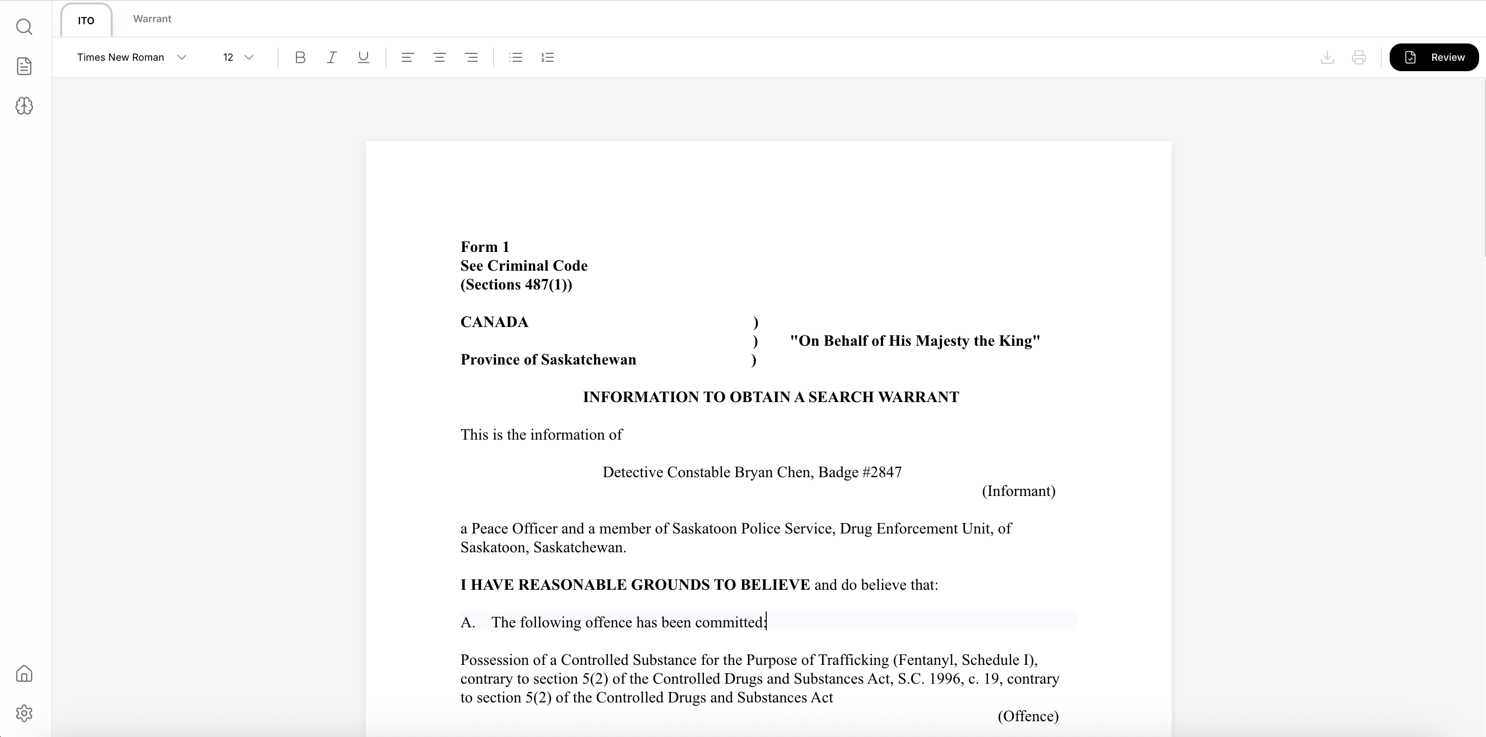Affiant warrant workspace interface